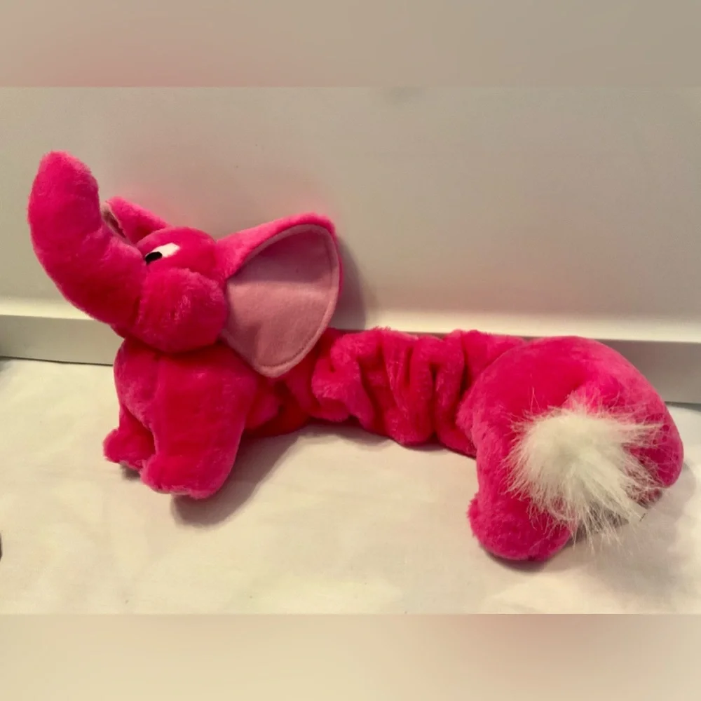 4 stuffed animals: blue dogs, hot pink elephant dog & soccer mom multicolor bear